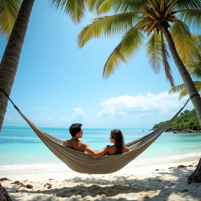 Casal relaxando em uma rede nas praias paradisíacas de Fiji durante a lua de mel.