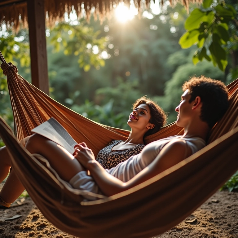 Casal relaxando em uma rede no quintal, lendo livros juntos.