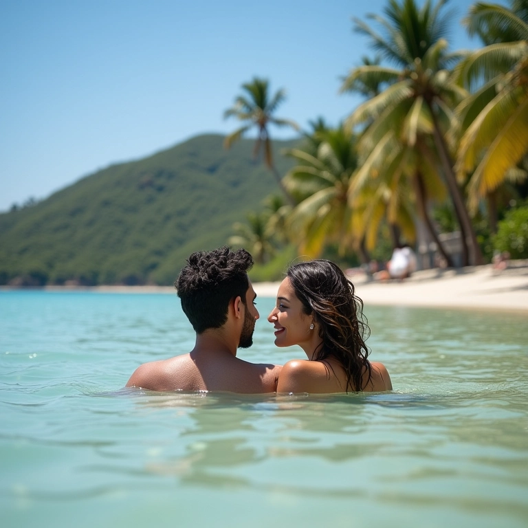 Casal relaxando nas águas calmas da Praia dos Carneiros.