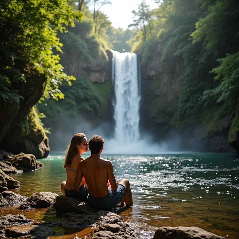 Casal relaxando nas cachoeiras da Boca da Onça, Bonito, em meio à natureza.