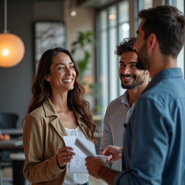 Casal reunido com designer de iluminação.