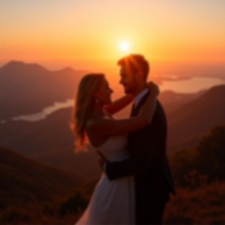Casal se abraçando com vista para as montanhas em um casamento na serra ao pôr do sol.