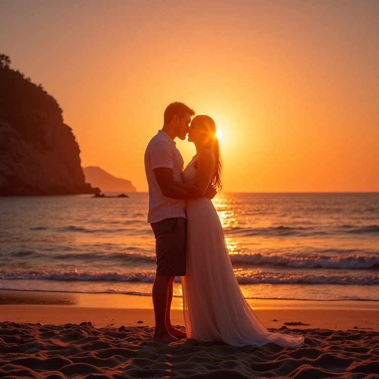 Casal se abraçando em praia isolada ao pôr do sol.