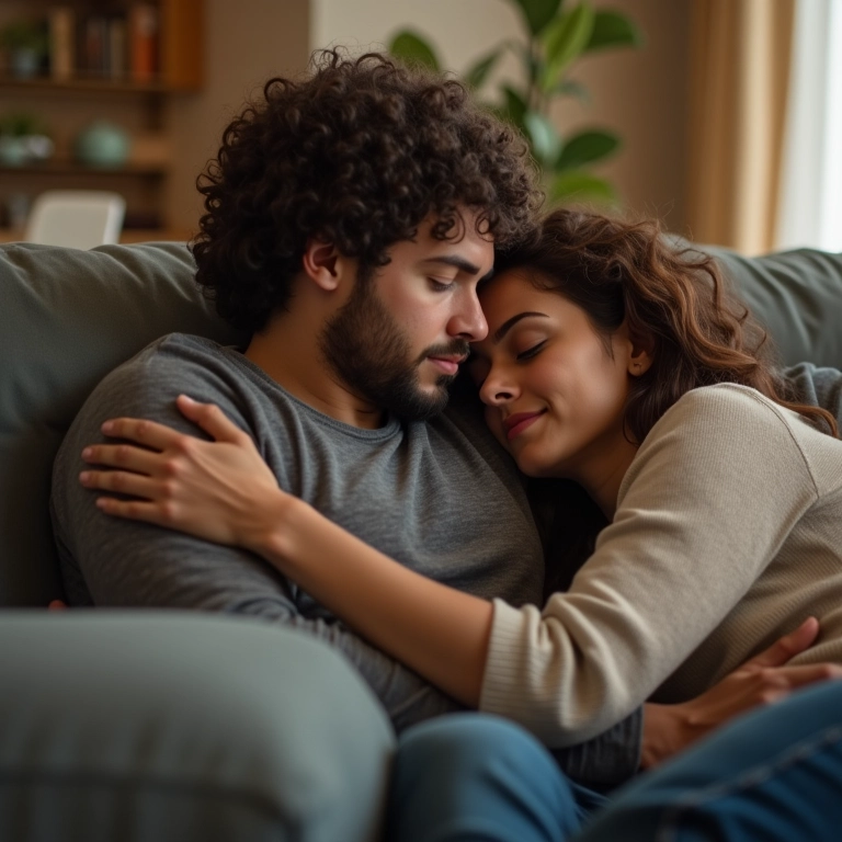 Casal se abraçando no sofá, a mulher acariciando o cabelo do homem.