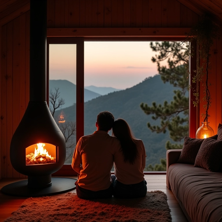 Casal se aconchegando em cabana em Monte Verde durante a lua de mel.