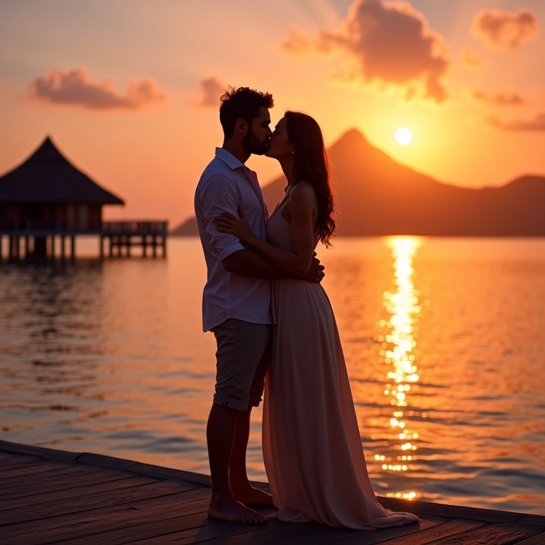 Casal se beijando ao pôr do sol em Bora Bora.