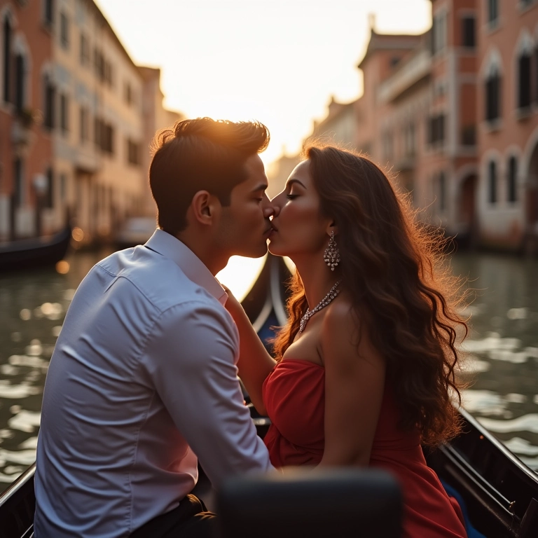 Casal se beijando apaixonadamente em um passeio de gôndola em Veneza.