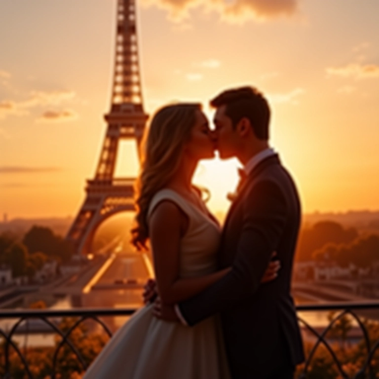Casal se beijando em frente à Torre Eiffel, casamento em Paris.
