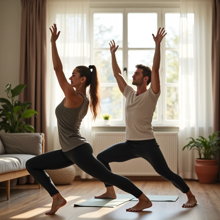 Casal se exercitando junto na sala de estar, fazendo yoga e alongamento.