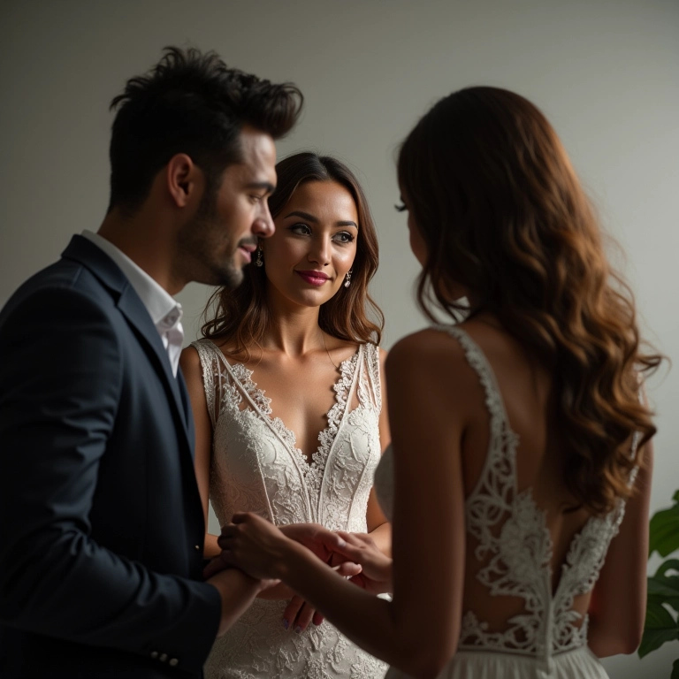 Casal se reúne com fotógrafo de casamento para discutir detalhes.