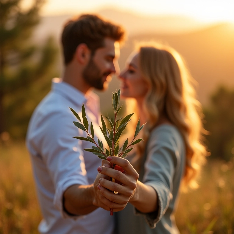 Casal segurando ramos de oliveira, simbolizando paz.