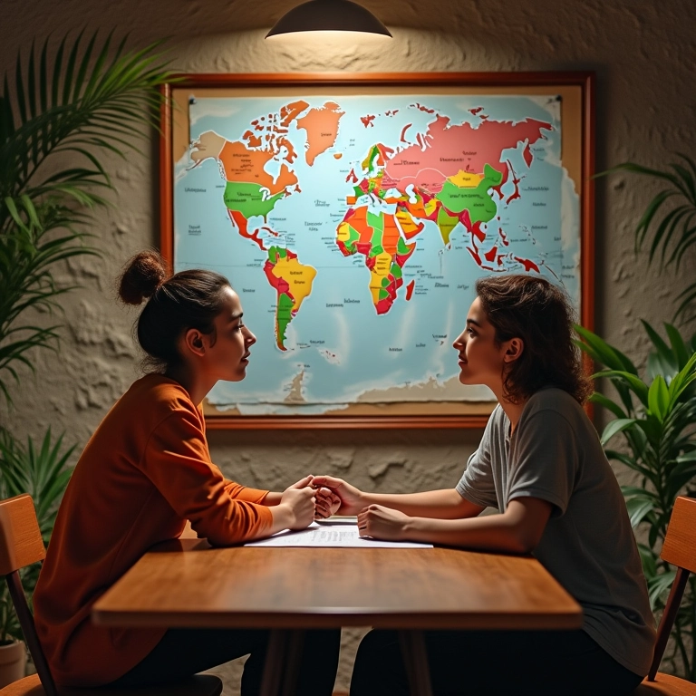 Casal sentado à mesa, planejando seus objetivos futuros em um quadro de visão.