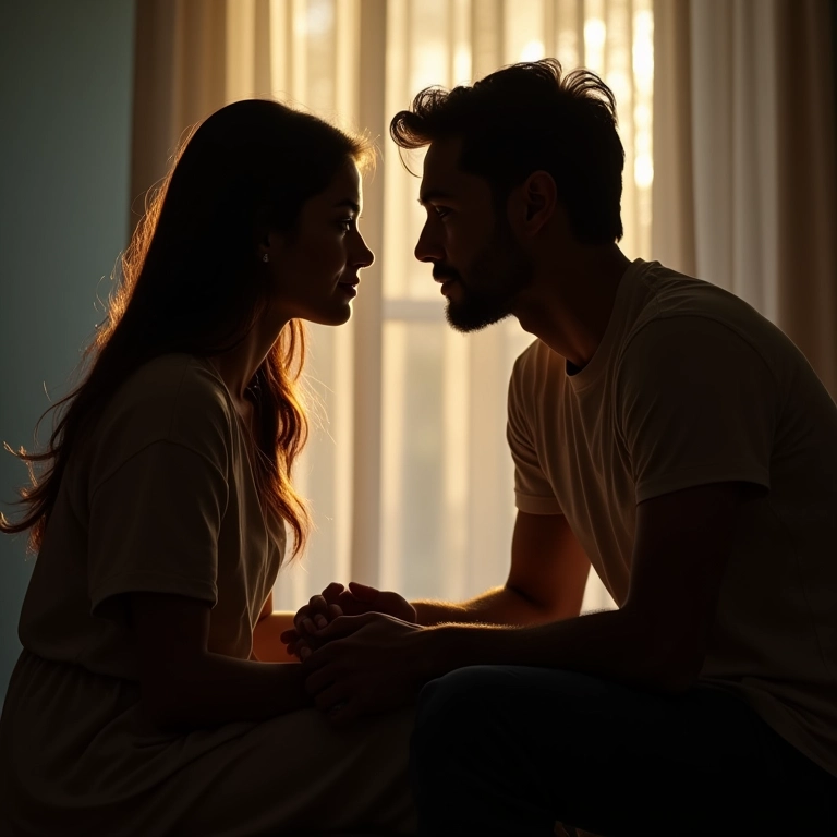 Casal sentado frente a frente, tendo uma conversa profunda e significativa.