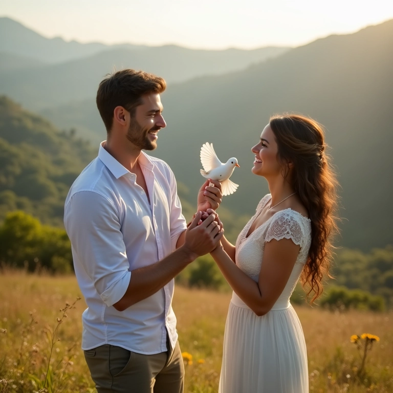 Casal soltando pombas após a cerimônia de handfasting, celebrando o amor.