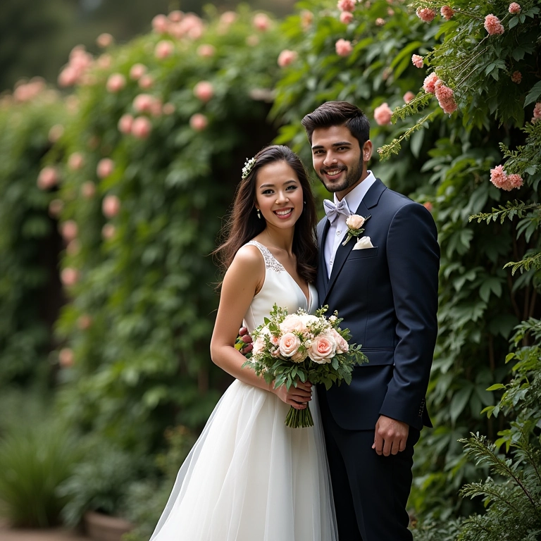 Casal sorrindo ao lado de um jardim vertical simples e elegante.
