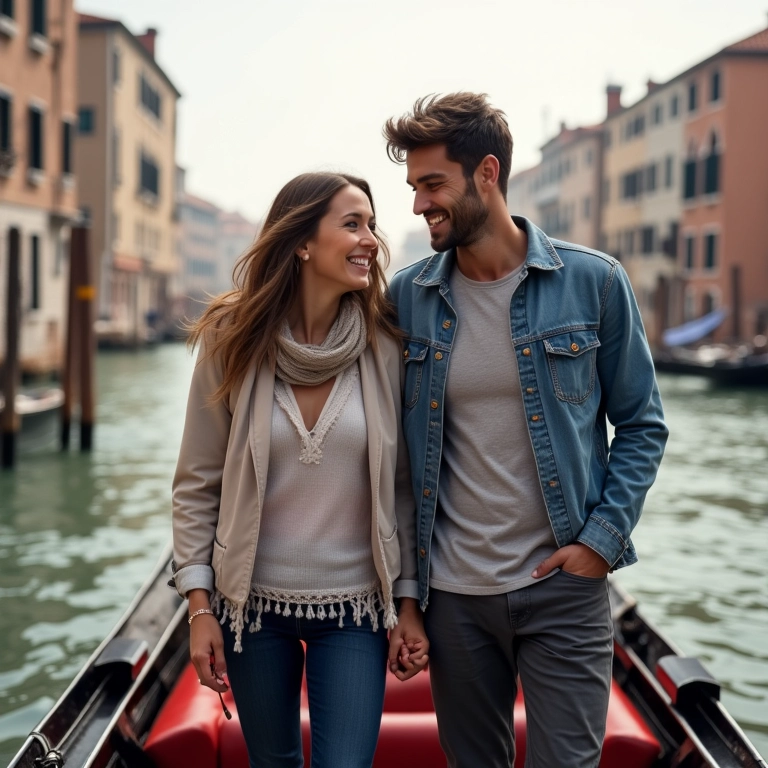Casal sorrindo ao sair de uma gôndola em Veneza, satisfeitos com o passeio.