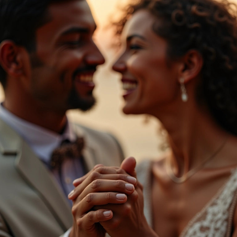 Casal sorrindo de mãos dadas em micro casamento, irradiando felicidade.