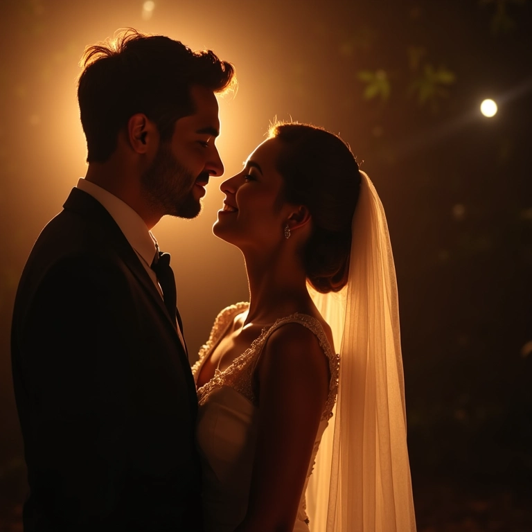 Casal sorrindo durante a sessão de fotos com iluminação profissional.