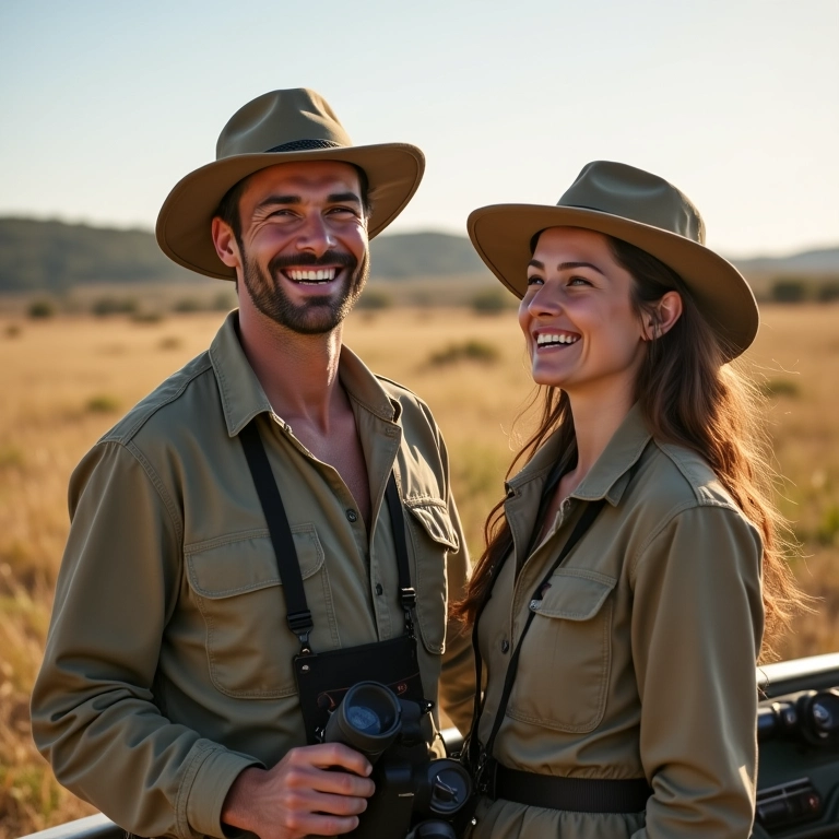 Casal sorrindo, pronto para aventura de safári na África do Sul.