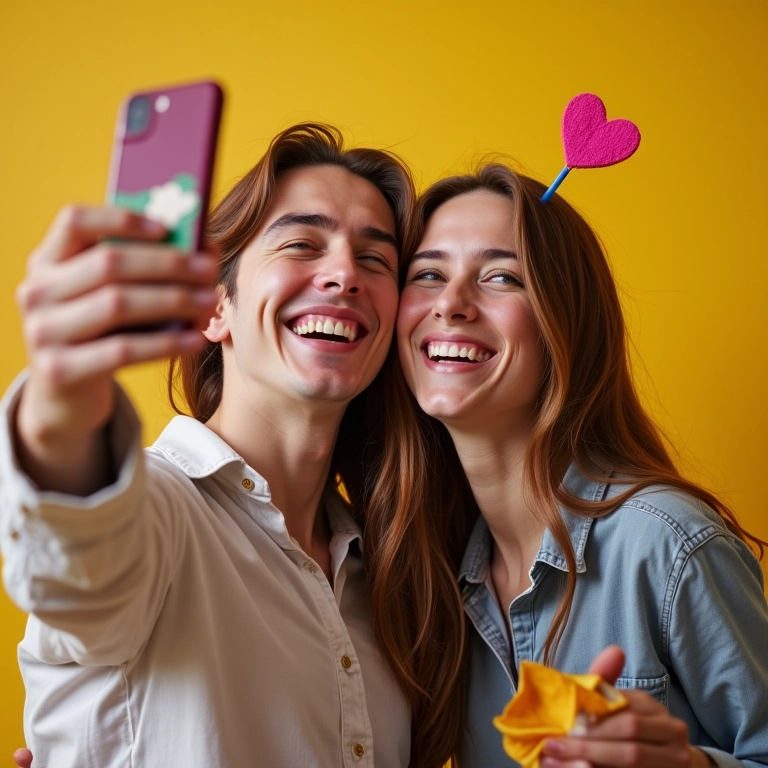 Casal sorrindo tirando selfie anunciando o noivado com humor.