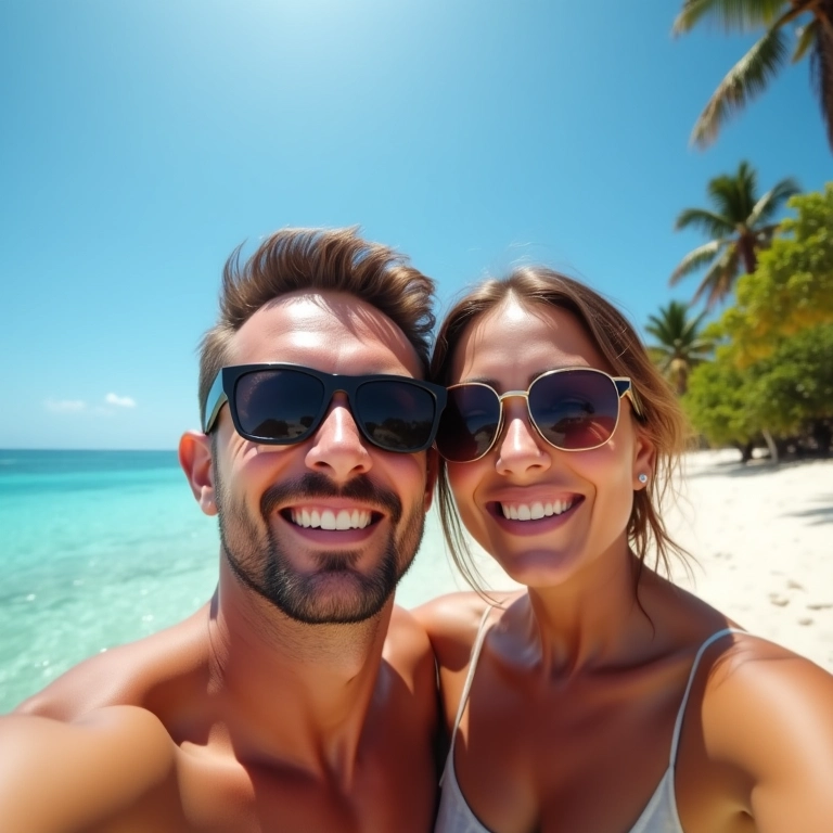 Casal tirando uma selfie na praia da Bahia.