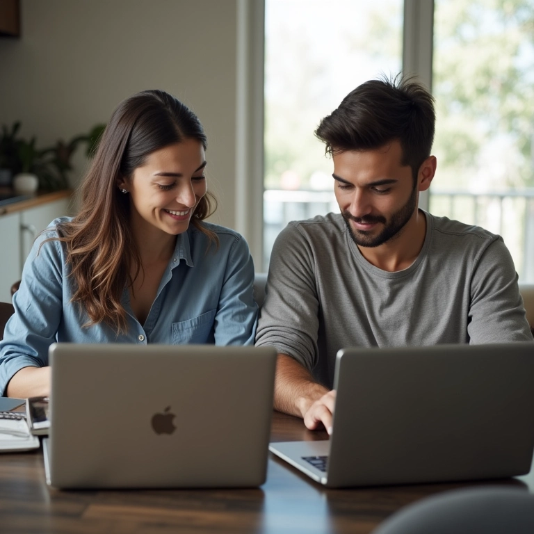 Casal trabalhando em laptops lado a lado, mas um toca gentilmente o braço do outro.