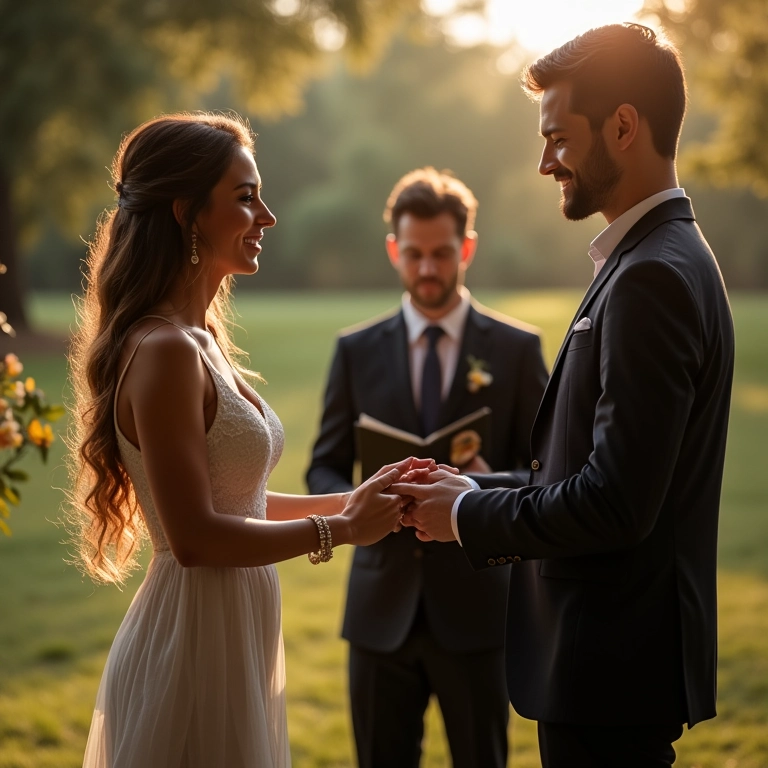 Casal trocando alianças durante cerimônia de noivado em ambiente decorado.