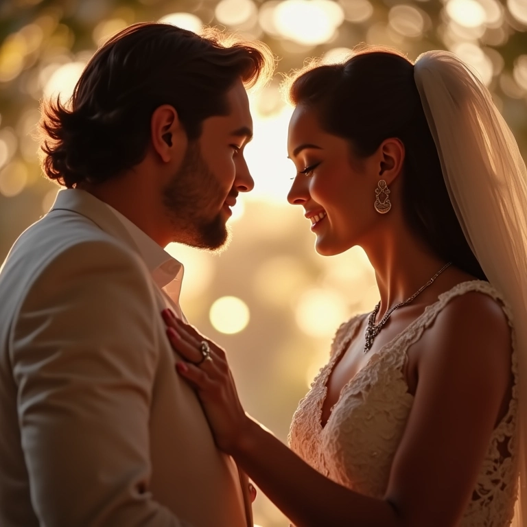 Casal trocando olhares apaixonados durante bênção das alianças.