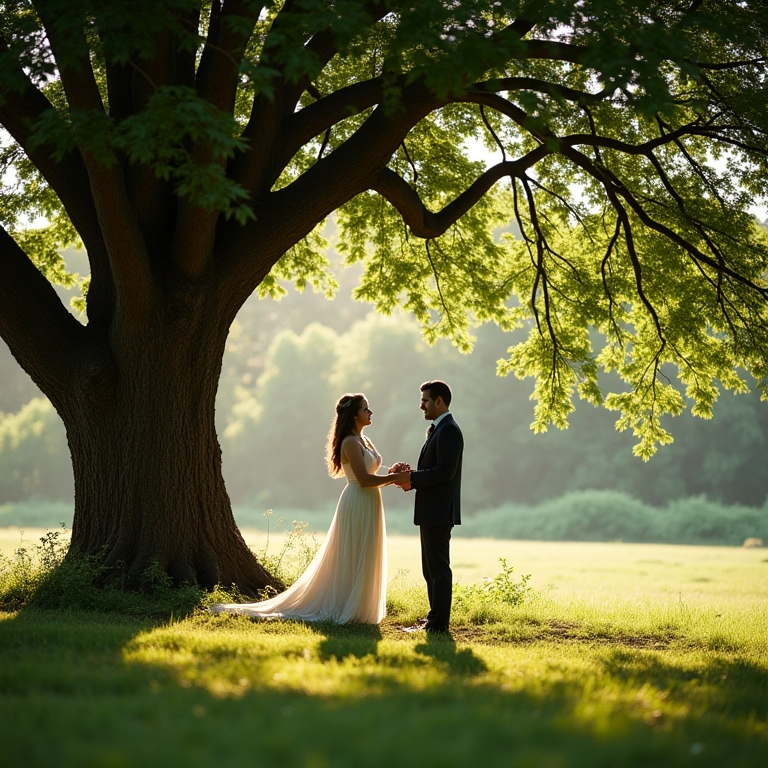 Casal trocando votos em cerimônia ao ar livre em fazenda.