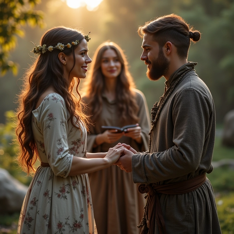 Casal trocando votos em um handfasting, com celebrante e círculo de pedras.