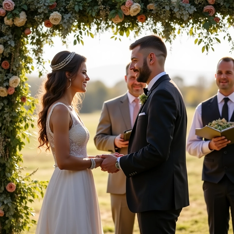 Casal trocando votos emocionados sob a chuppah em casamento judaico.