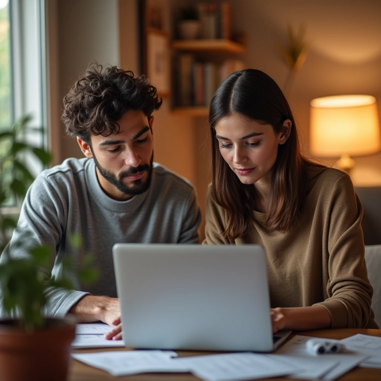 Casal usando laptop e discutindo calendário para planejar projetos em comum.