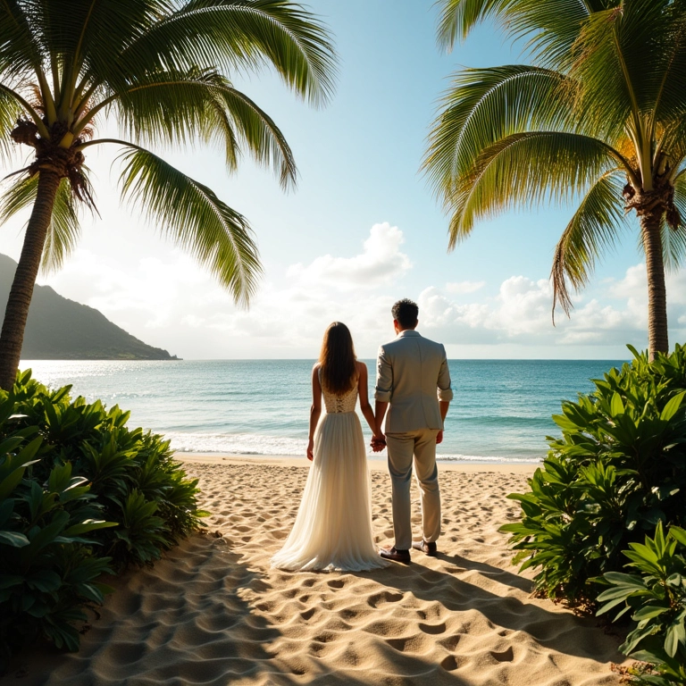 Casal visitando local para casamento tropical à beira-mar.