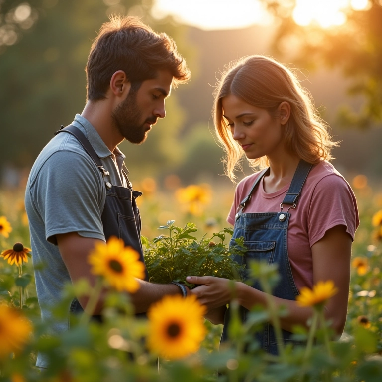 Casal voluntariando em horta comunitária, demonstrando projetos em comum.