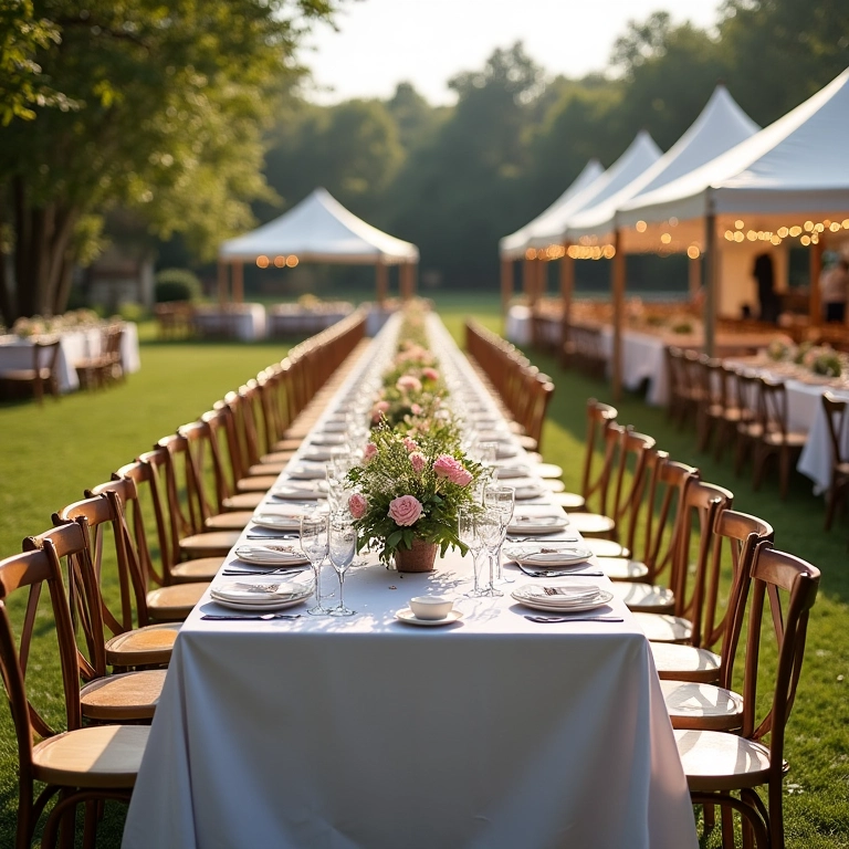 Casamento ao ar livre com mesas retangulares, cenário natural, decoração floral e ambiente romântico.