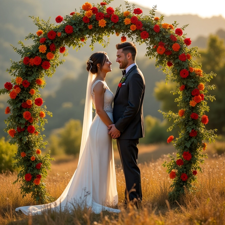 Casamento diurno com arco floral colorido.