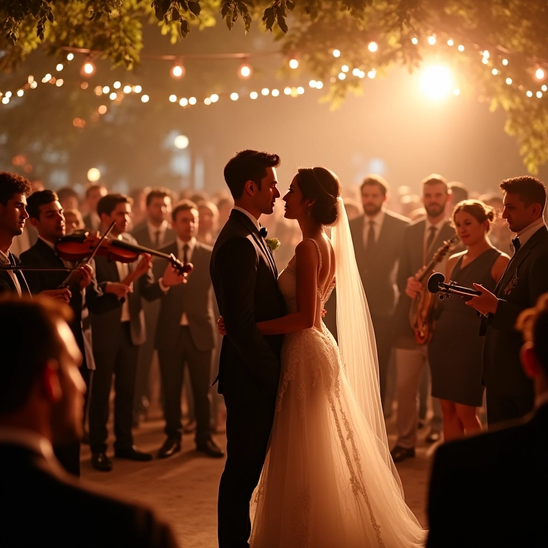 Casamento elegante com orquestra e banda se apresentando.