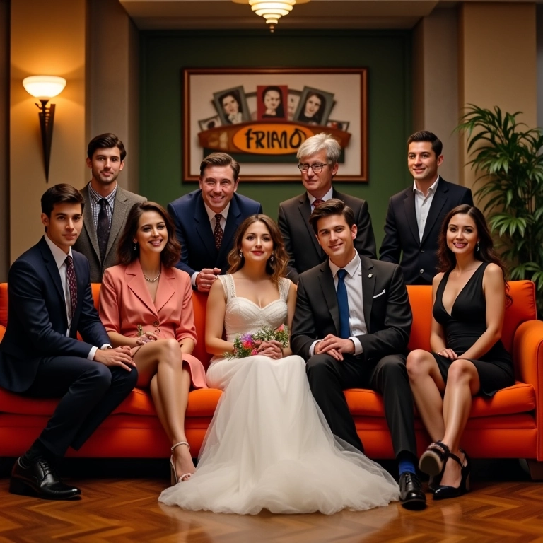 Casamento Friends com réplica do Central Perk e grupo de amigos diversos.