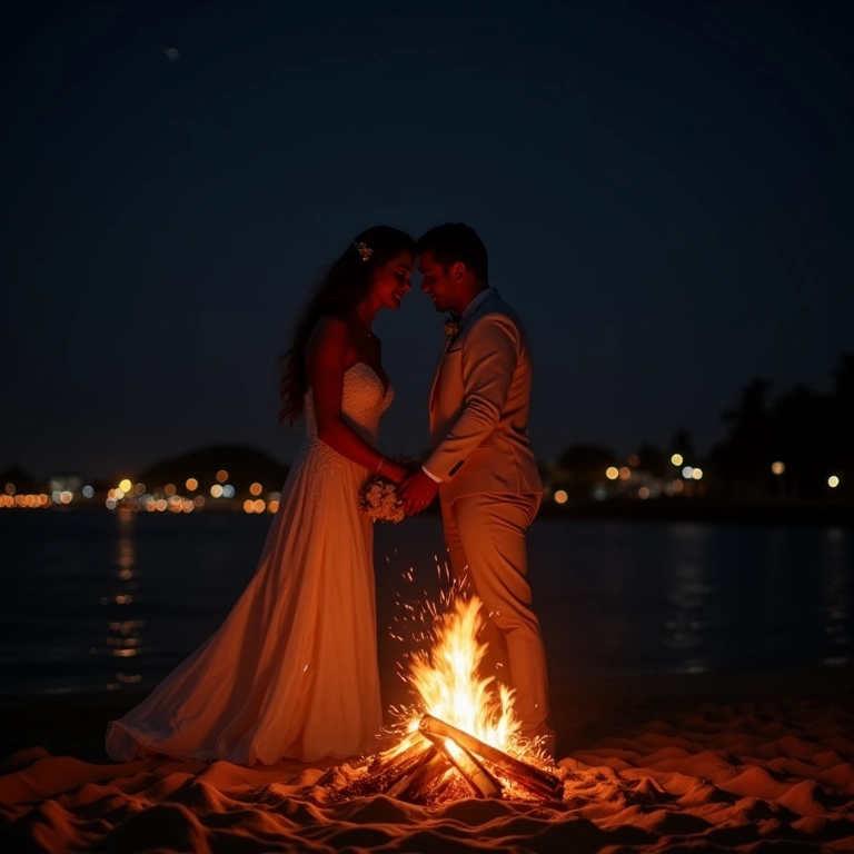 Casamento na praia à noite com fogueira.