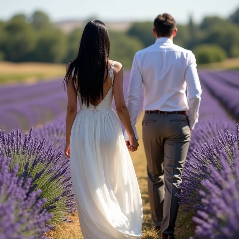Casamento na Provence, noiva caminhando em campos de lavanda.