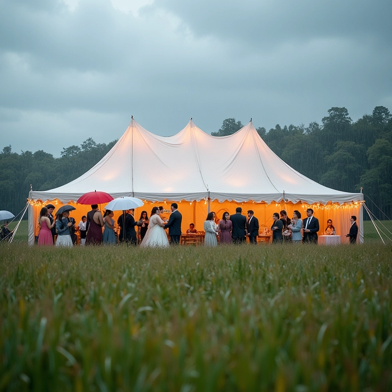Casamento no campo com chuva, convidados sob guarda-chuvas, mostrando alegria apesar do imprevisto.