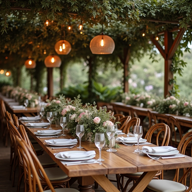 Casamento rústico com móveis de madeira e decorações naturais.
