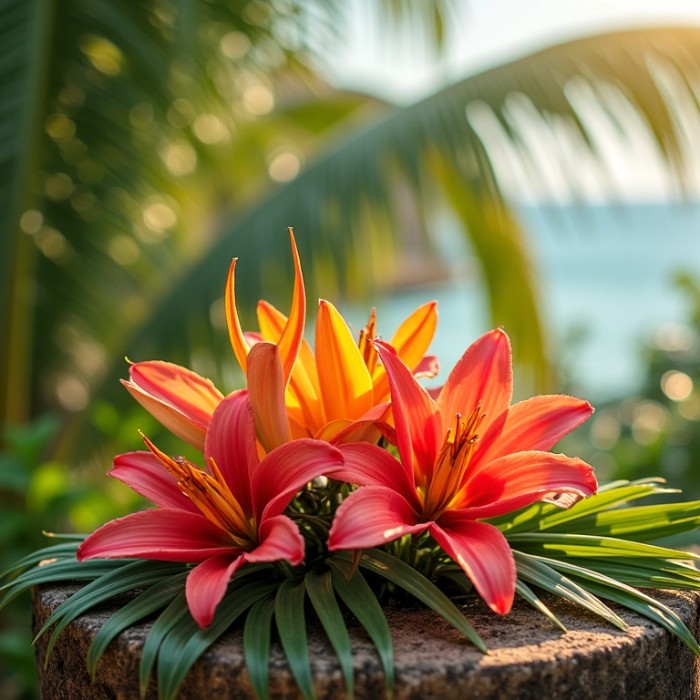 Casamento tropical com cores vibrantes e flores exóticas na praia.