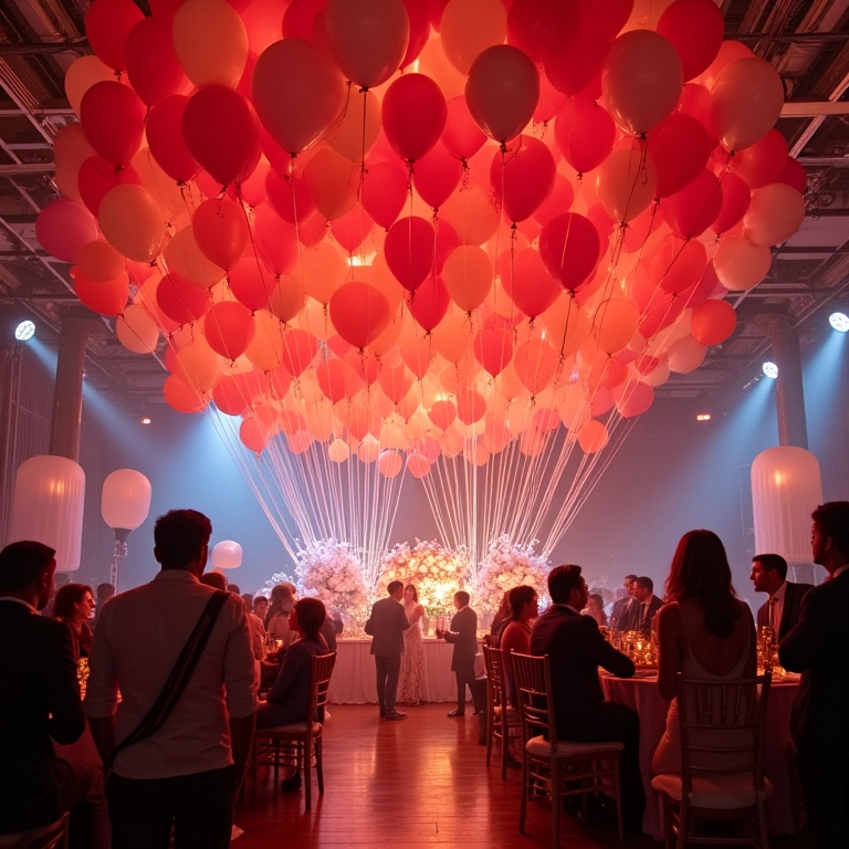 Cascata espetacular de balões na recepção de casamento.