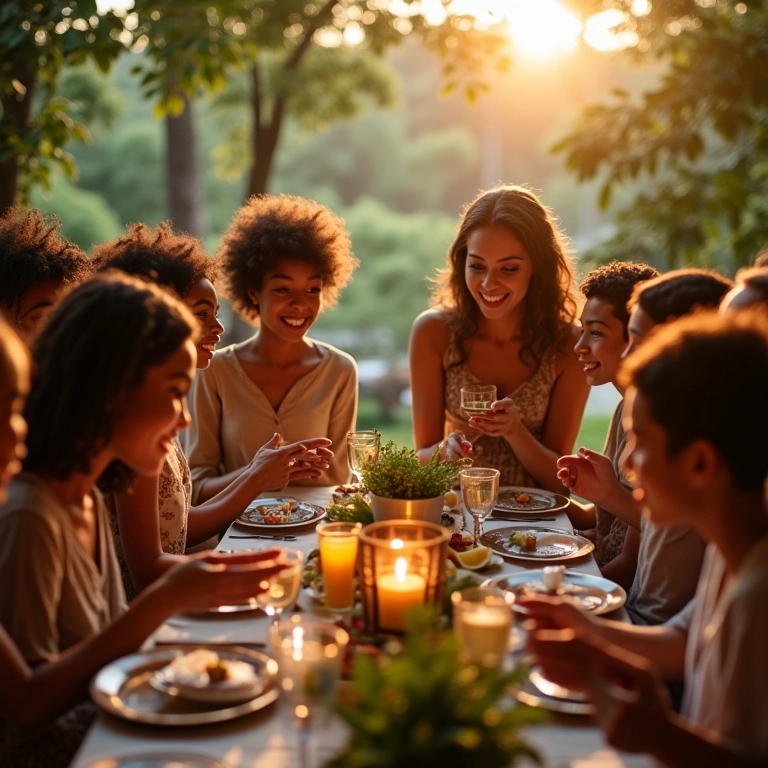 Celebração de Sheva Brachot com família e amigos reunidos em volta da mesa.
