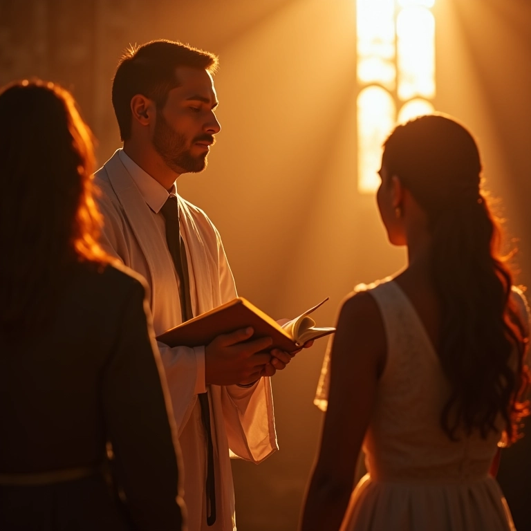 Celebrante religioso conduzindo cerimônia de casamento tradicional com casal diverso.