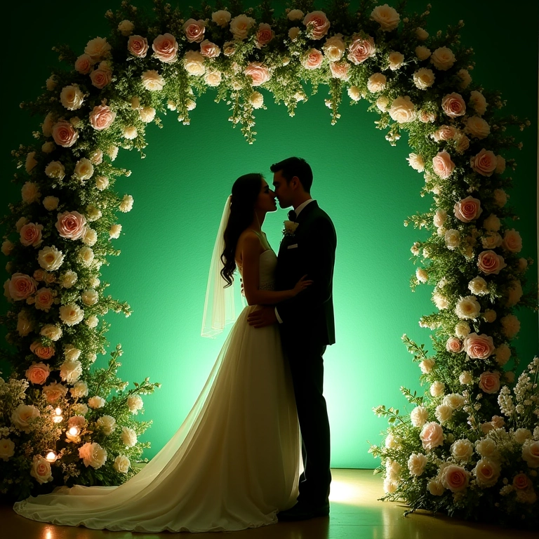 Cenário de cerimônia de casamento com muro inglês romântico.