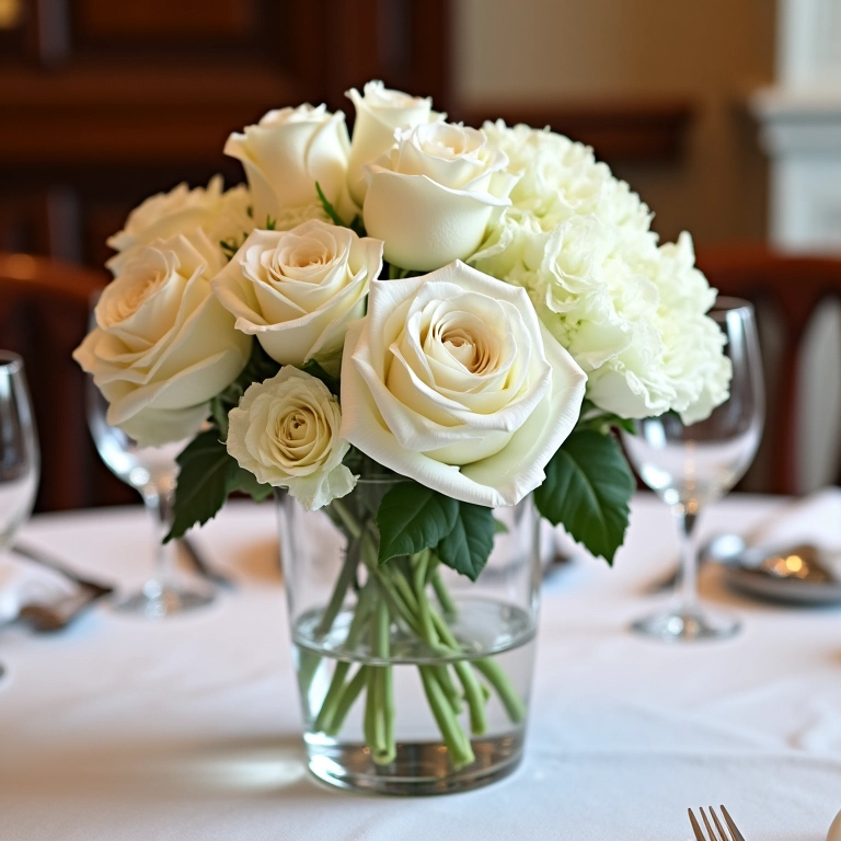 Centro de mesa clássico para casamento com rosas brancas e hortênsias.