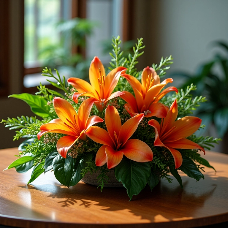 Centro de mesa impactante com flores tropicais em mesa quadrada.