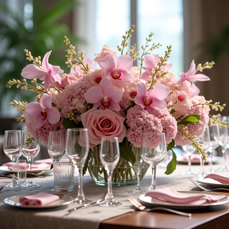 Centro de mesa imponente com orquídeas, rosas e hortênsias em mesa retangular elegantemente decorada.